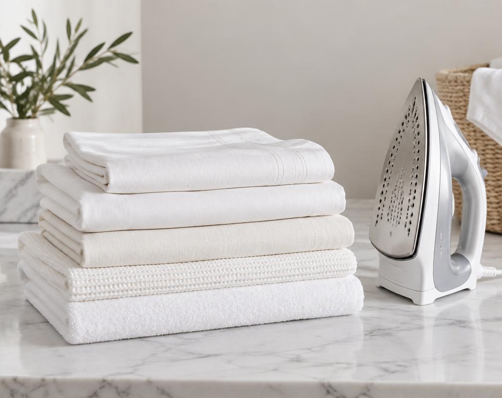 Freshly laundered and folded linens beside an iron
