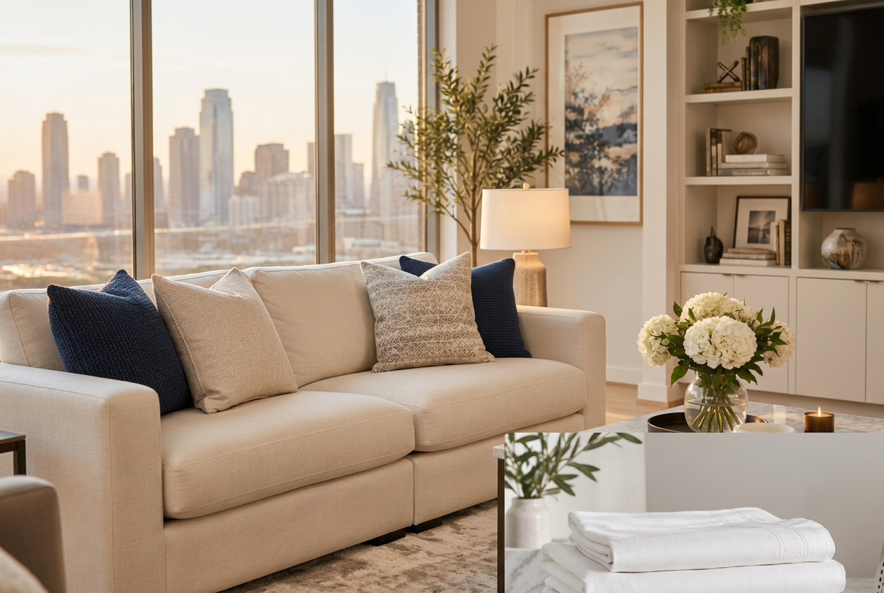 Immaculate modern living room with cream sofa and city view after an Elite Cleaners visit