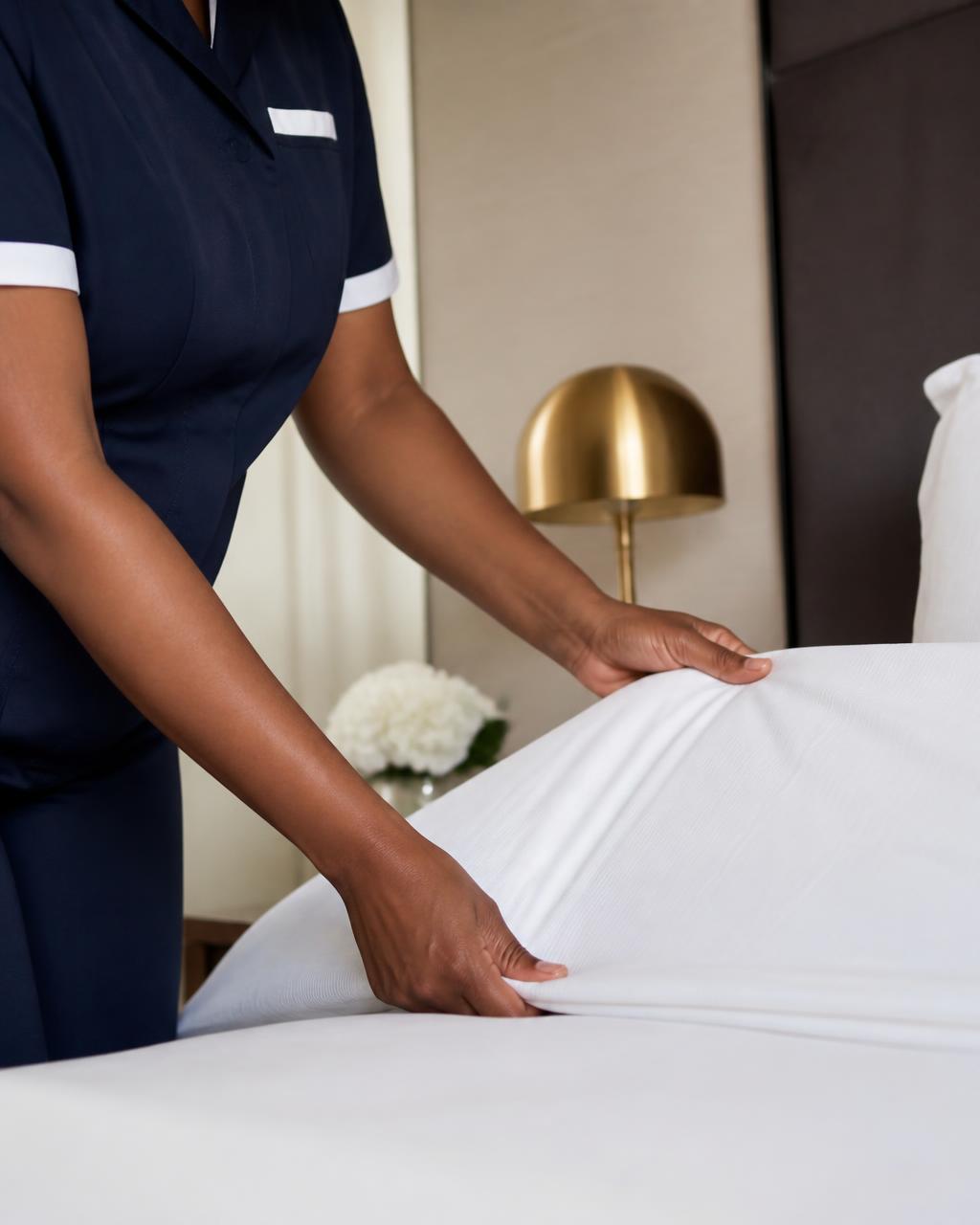 Elite cleaner carefully making a bed with crisp white linen