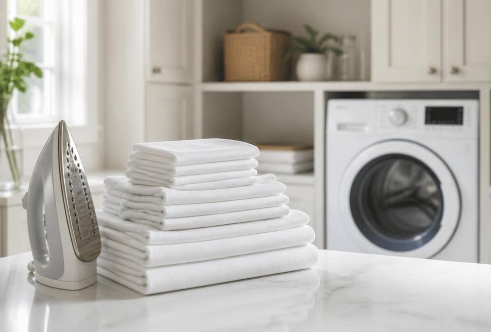 Freshly washed linen folded beside an iron in a home laundry