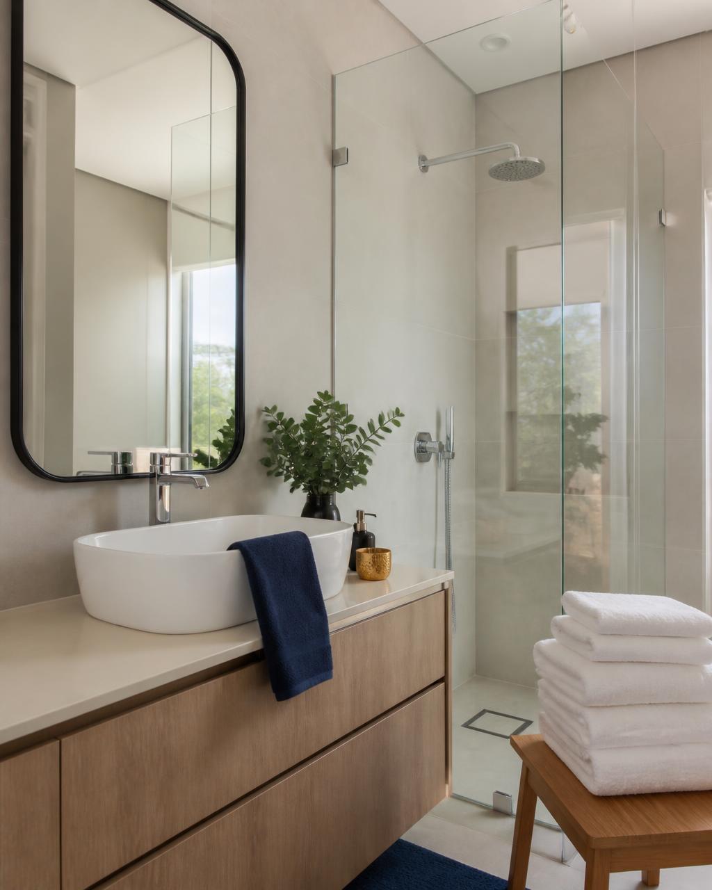 Freshly cleaned modern bathroom with folded white towels