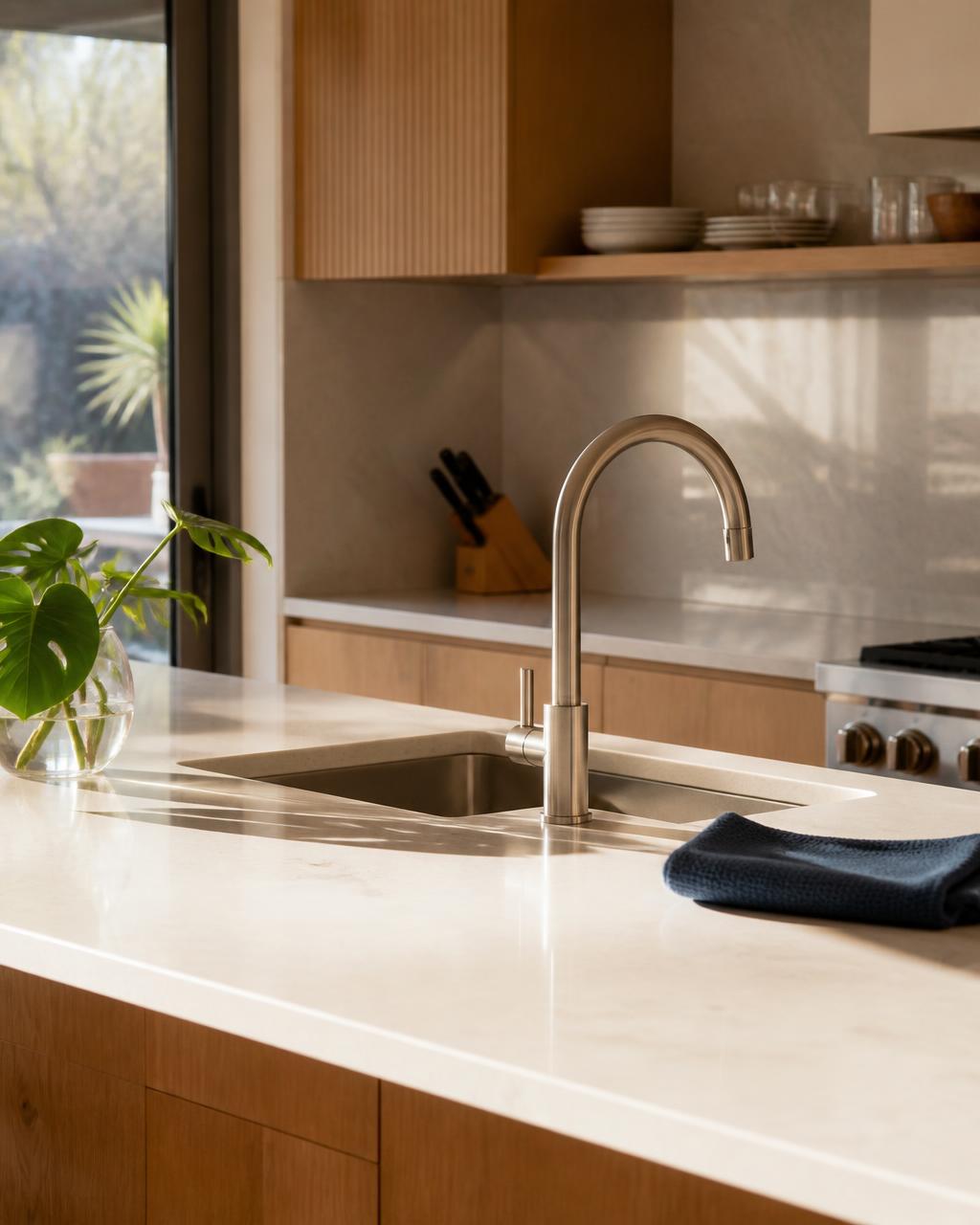 Spotless modern kitchen with polished counters and a navy cleaning cloth