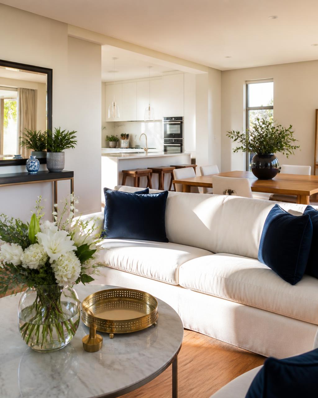 Bright, immaculate open-plan living and dining area in a modern two-bedroom home